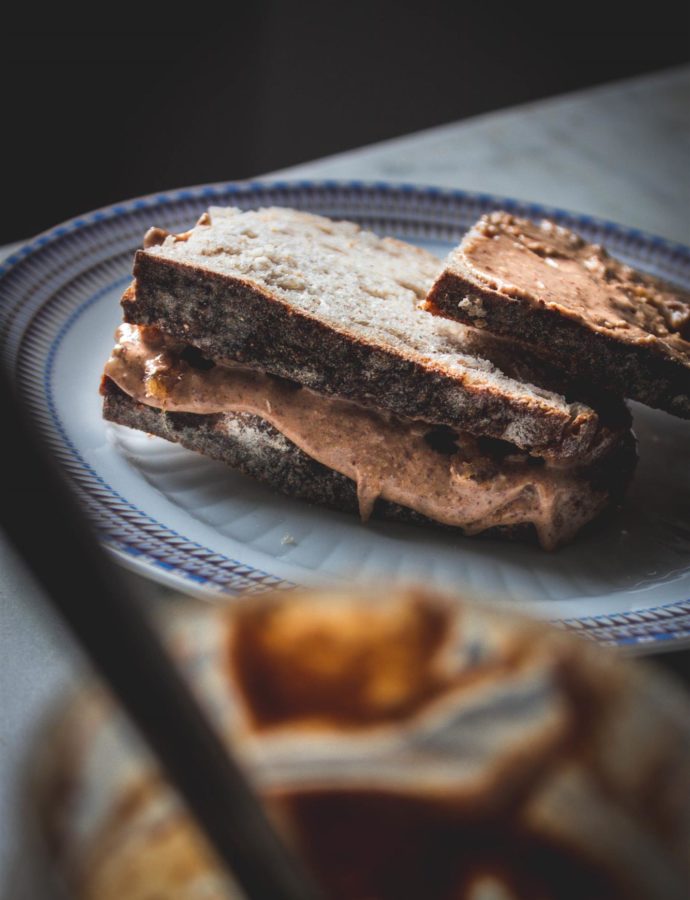 Almond butter and ginger jelly sandwich